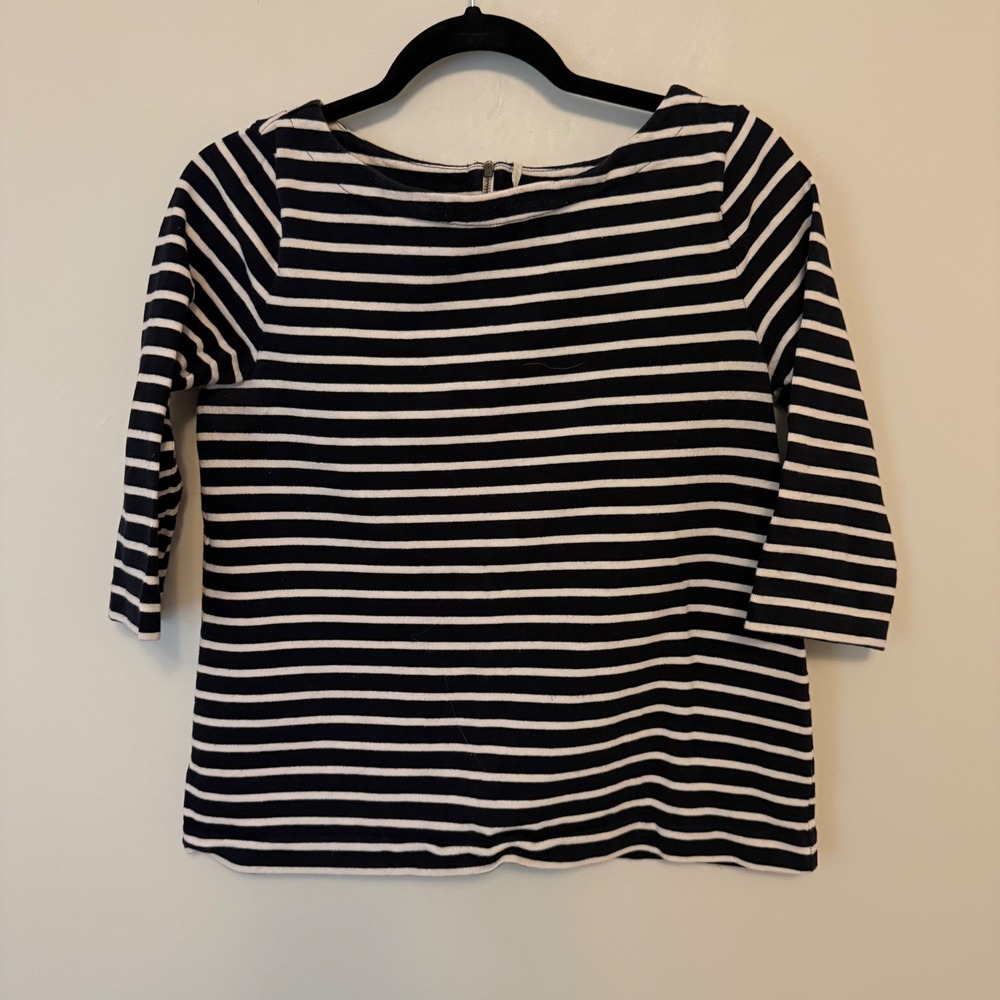 Ann Taylor LOFT Navy Blue White Striped Boat Neck 3/4 Sleeve Zipper Back Top M